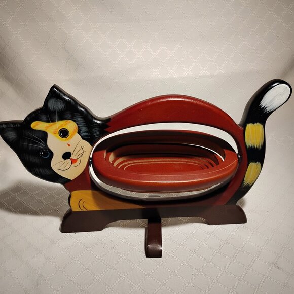 Vintage Wood Calico Cat Tray W/Expanding/Collapsible Bowl - Picture 4 of 10